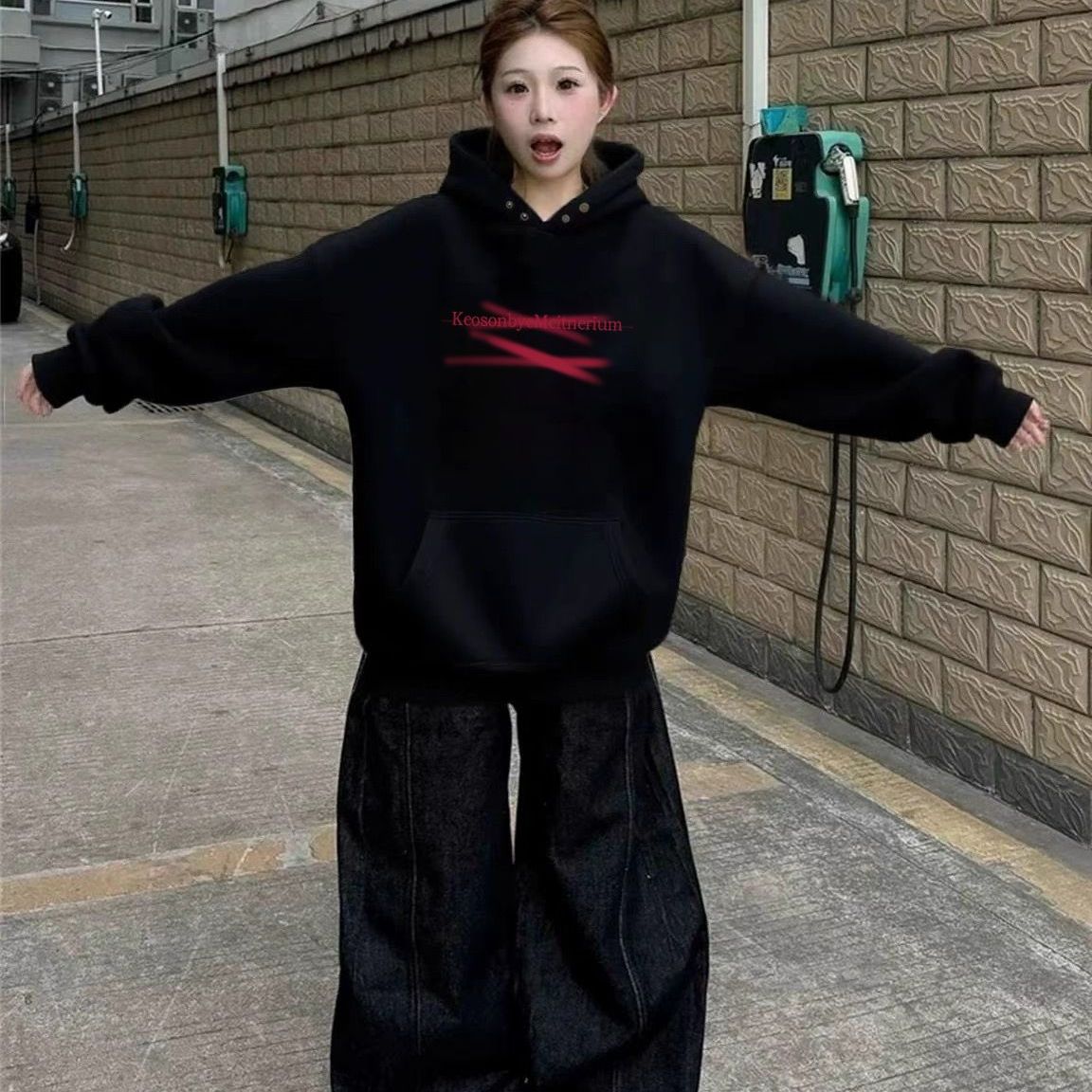 【重磅纯棉】加绒纽扣连帽卫衣女