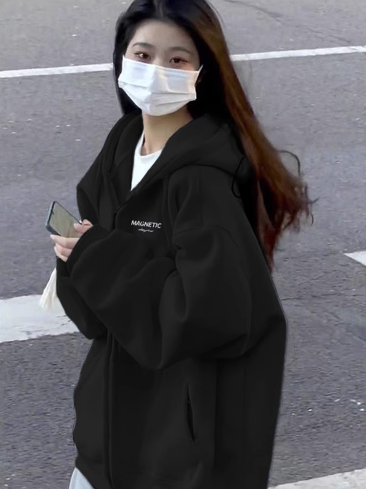 宽松纯棉韩系慵懒风印花连帽卫衣