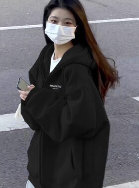 宽松纯棉韩系慵懒风印花连帽卫衣