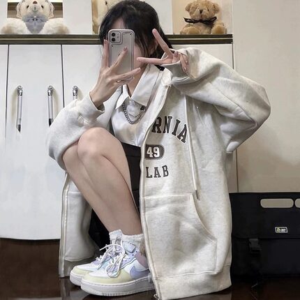 100%纯棉奶灰色开衫拉链卫衣外套女秋冬加绒加厚宽松连帽学生外套