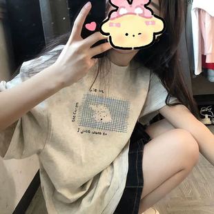 宽松设计感小众半袖 纯棉灰色正肩短袖 美式 t恤女2025新款 上衣 夏季