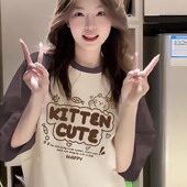 美式 上衣 初中高中学生宽松半袖 拼色插肩纯棉短袖 t恤女夏2025新款