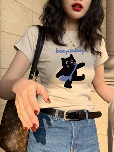 显瘦短款 灰色喵咪印花圆领正肩短袖 修身 t恤女2025新款 上衣ins 夏季
