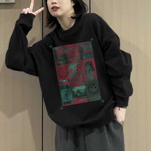 慵懒风宽松薄上衣 春秋冬加绒加厚美式 黑色圆领卫衣女2025新款 爆款