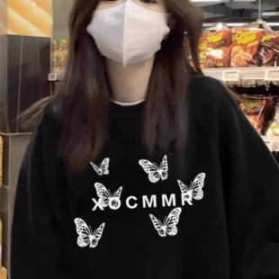 春秋慵懒风宽松上衣 爆款 纯棉高街美式 潮牌黑色圆领卫衣女2025新款