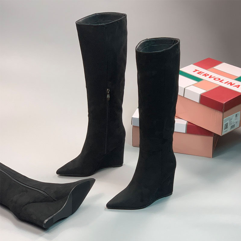 外贸原单大码女靴时尚百搭不过膝靴尖头坡跟高跟时装靴加绒长靴女,女鞋,时装靴,淘宝优惠券,粉丝福利购,淘宝优惠卷