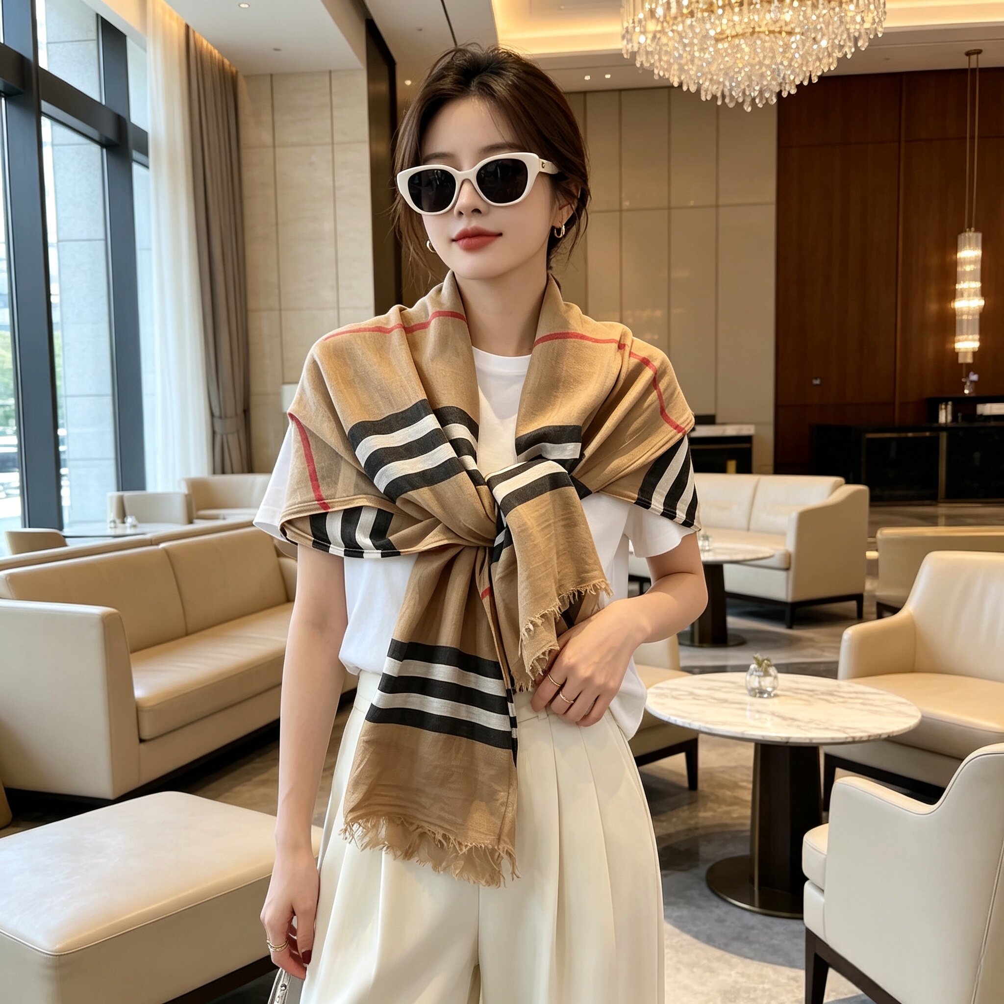 2026经典英伦风格纹丝巾女韩版百搭薄款春秋保暖披肩围巾高级感