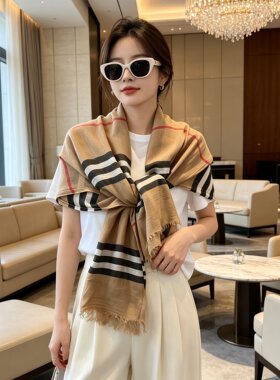 2026经典英伦风格纹丝巾女韩版百搭薄款春秋保暖披肩围巾高级感