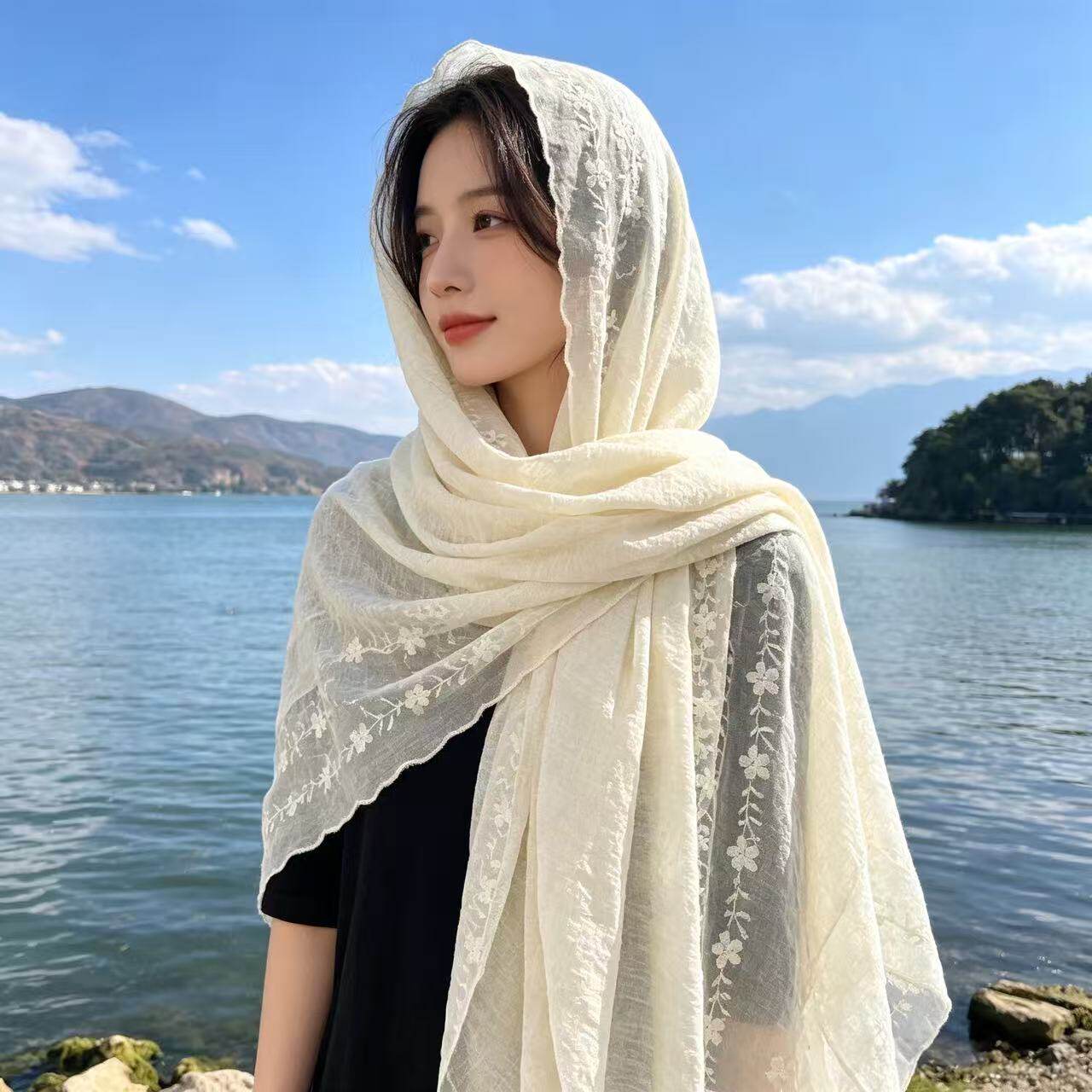 波西米亚民族风沙滩巾防晒空调房披肩丝巾女夏季蕾丝薄款旅游围巾