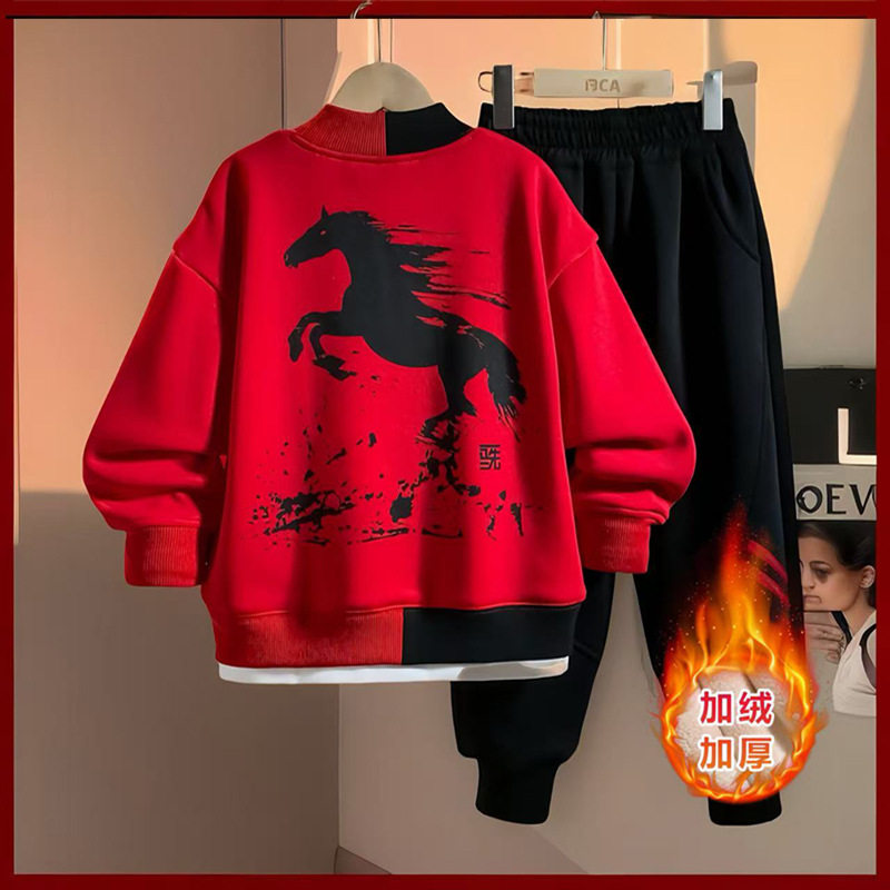 男童秋冬卫衣套装新款中大儿童冬季加绒两件套男孩红色拜年服,童装/婴儿装/亲子装,儿童运动套装,淘宝优惠券,粉丝福利购,淘宝优惠卷