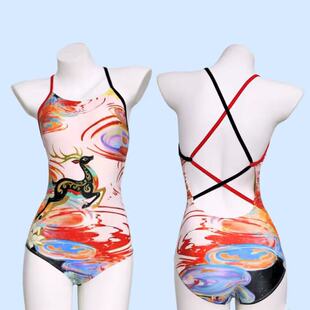神采九色鹿竞速泳衣女训练游泳馆连体三角露背绑带显瘦遮肚泳装