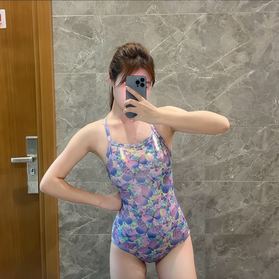 韩版三角连体游泳衣女竞速泳装紧身露背单层中叉训练一件式游泳馆