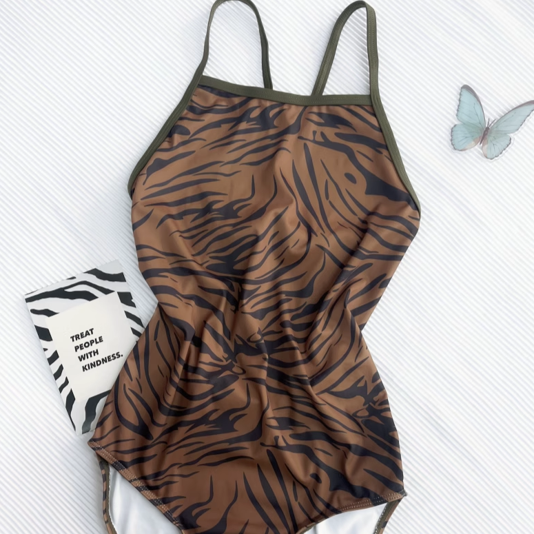 竞速泳衣女士成人单层速干抗氯连体三角性感咖色马训练纹游泳馆