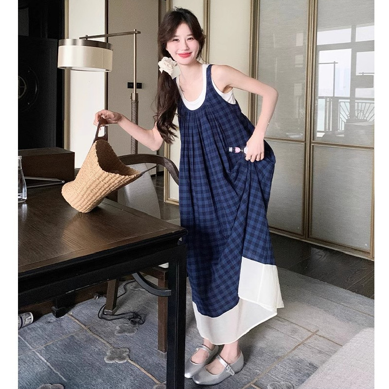蓝色格子无袖连衣裙法式文艺风森系复古小清新度假吊带背心长裙