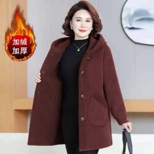 妈妈休闲风连帽灯芯绒外套女中老年加绒加厚保暖宽松中长款棉衣服