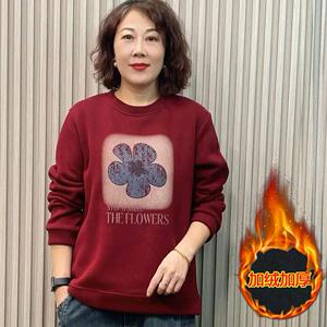 秋冬季新款加绒加厚圆领套头卫衣减龄百搭中年大码保暖外套女宽松