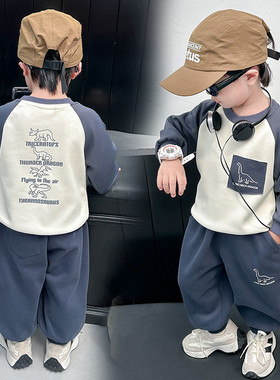 男童秋装灰色恐龙拼色套装春秋季儿童卫衣运动套宝宝洋气衣服男孩