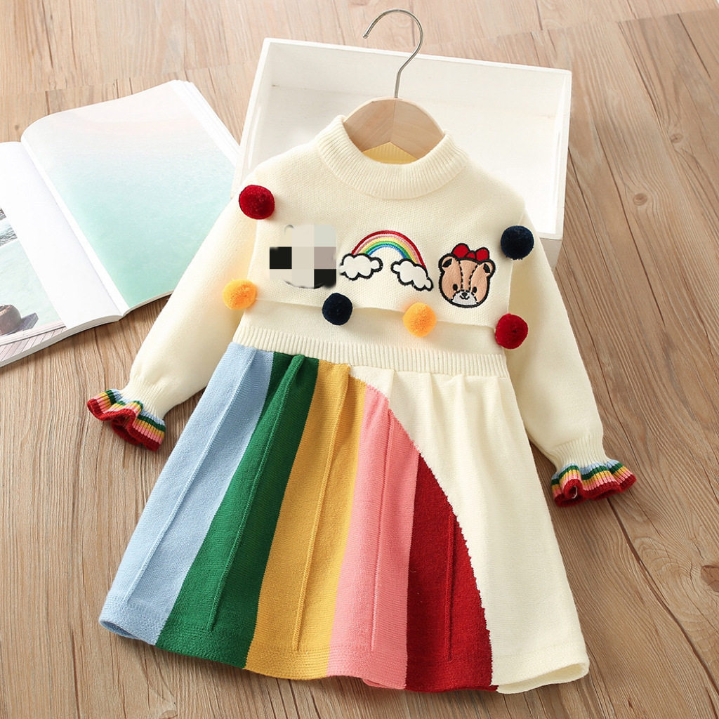 女童毛衣裙秋冬新款洋气可爱多巴胺彩色针织翻领毛球球长袖连衣裙