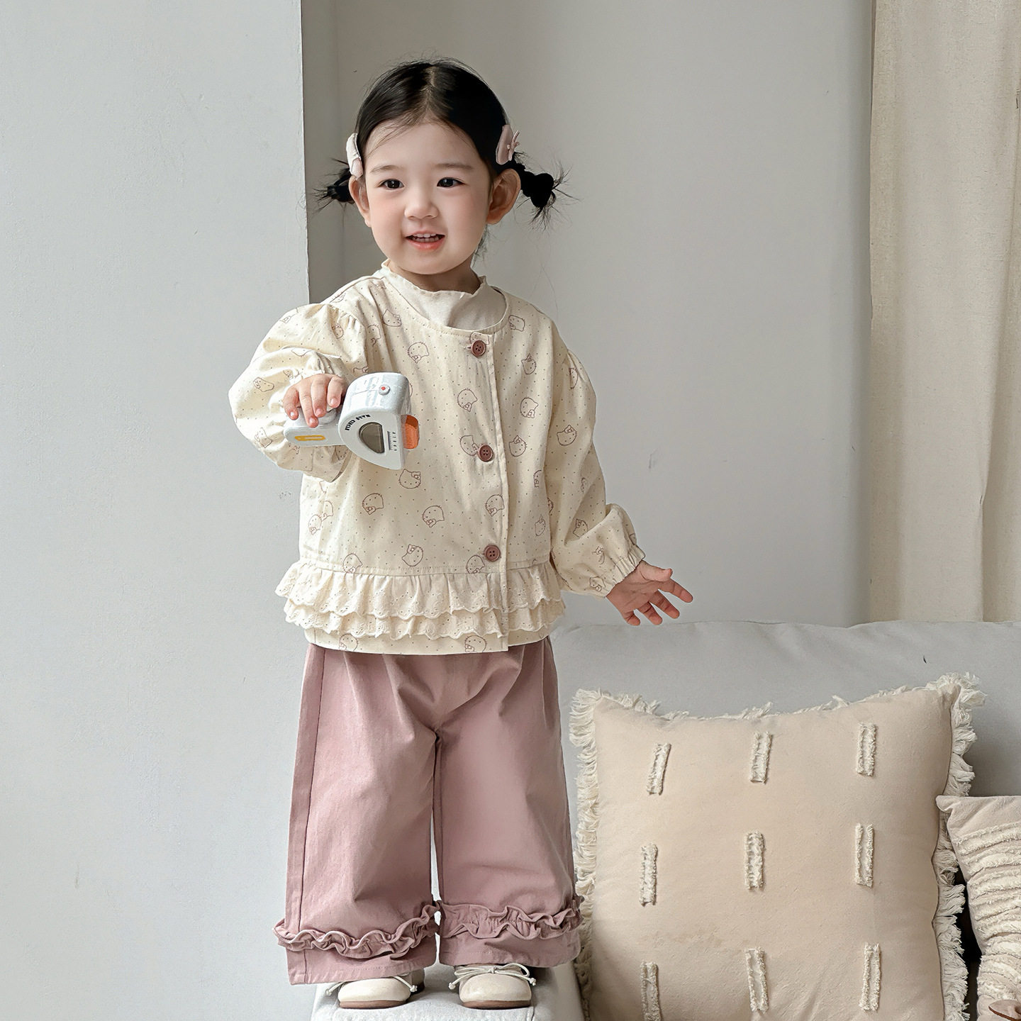 点兮2025秋季新款婴幼儿棉布外套套装女宝宝开衫打底衫裤子三件套