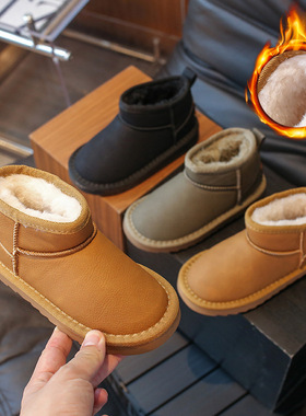 儿童棉鞋雪地靴女童2024年冬季新款皮面宝宝冬靴加绒保暖男童短靴