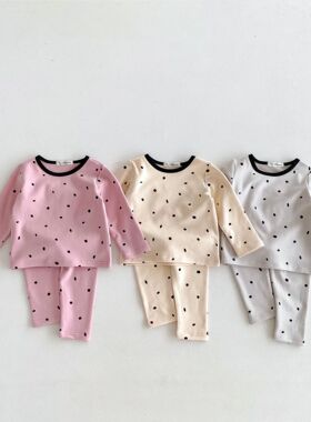 秋季2024男女童韩版儿童睡衣宝宝黑色圆点秋衣秋裤长袖家居服套装