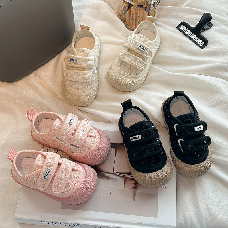 韩版儿童亮片秋季单鞋2024新款女宝宝软底帆布鞋男女小童防滑板鞋