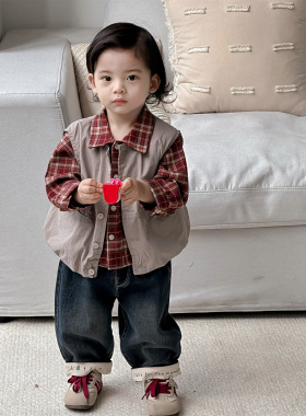 点兮2025秋季新款婴幼儿马甲三件套男宝宝开衫格子衬衫牛仔裤套装