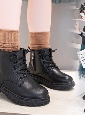 女童软底舒适皮靴新款英伦风低帮黑色网红马丁靴男童松紧带靴子潮