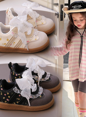 女宝宝蕾丝德训鞋秋季新款女孩百搭阿甘鞋皮面休闲板鞋运动鞋