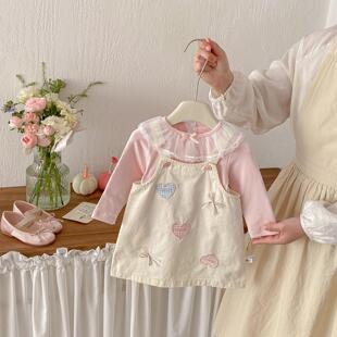 点兮春季新款婴幼儿爱心背带裙套装女宝宝拼纱打底衫裙子两件套潮