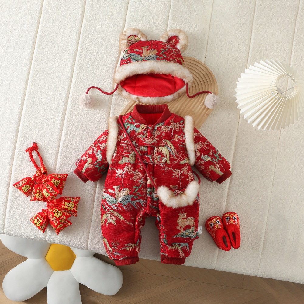 婴儿衣服冬套装加绒厚棉服新生男宝宝保暖连体衣冬季外出过年唐装