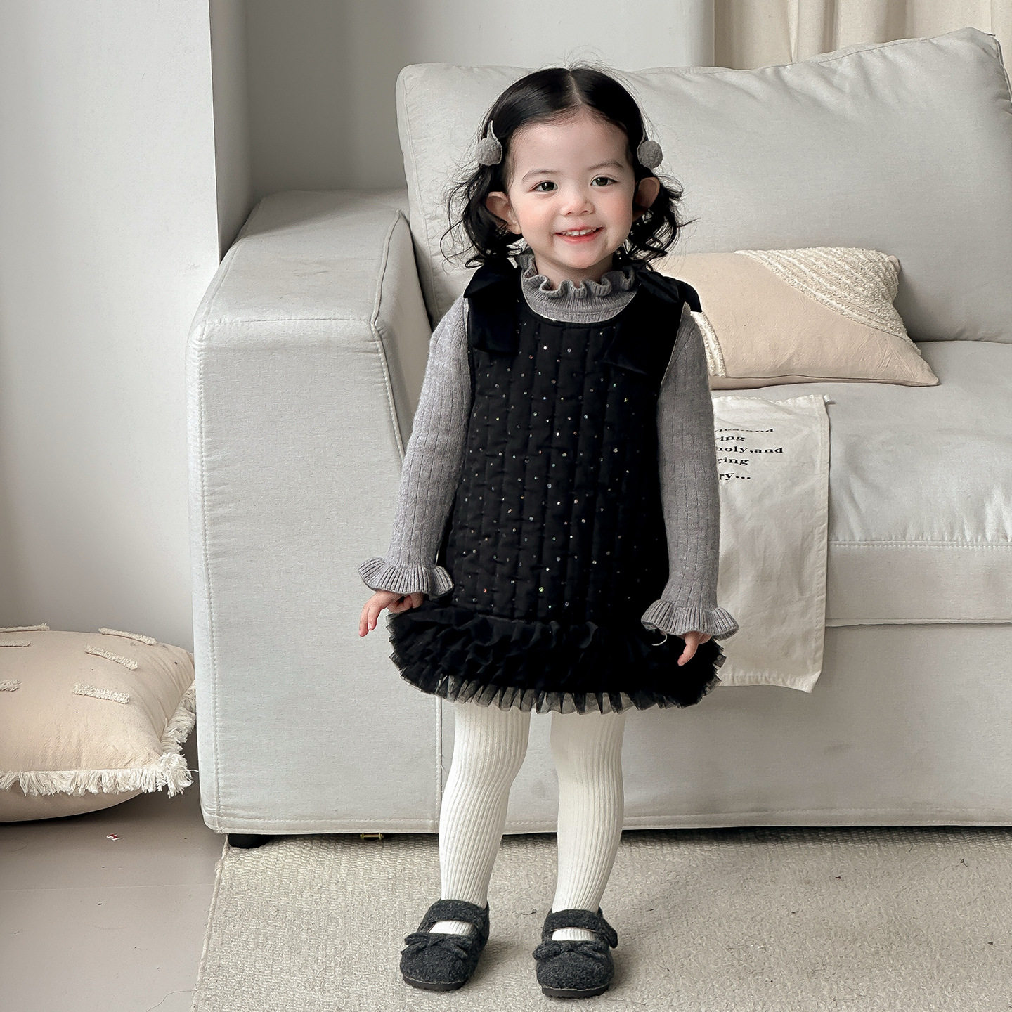 点兮冬季新款婴幼儿加绒加厚连衣裙套装女宝拼纱裙子打底衫两件套