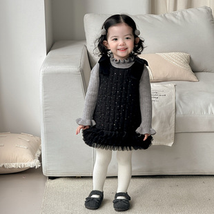 点兮冬季新款婴幼儿加绒加厚连衣裙套装女宝拼纱裙子打底衫两件套
