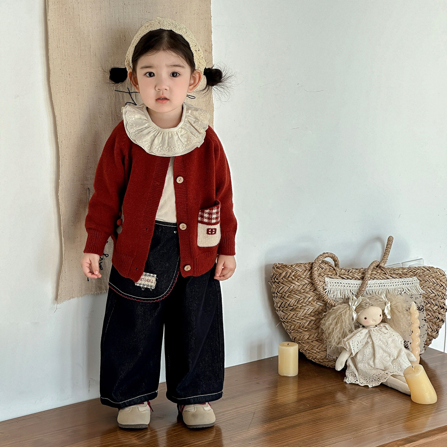 点兮2025秋季新款婴幼儿三件套女宝宝毛衣外套娃娃衫牛仔裤套装潮