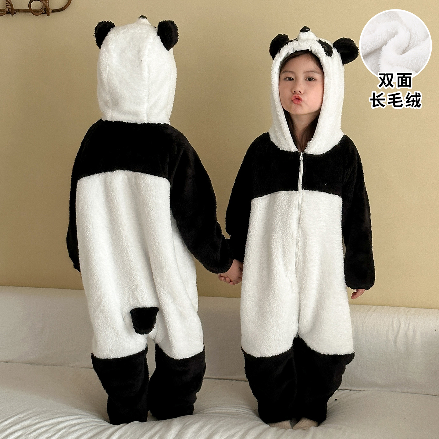 秋冬季儿童连体睡衣熊猫宝宝法兰绒珊瑚防踢男女童加厚家居服睡袋