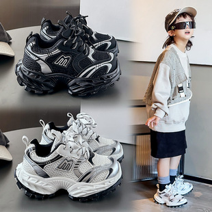 新款2025春款儿童鞋子轻便女童老爹鞋中大童鞋黑色软底男童运动鞋