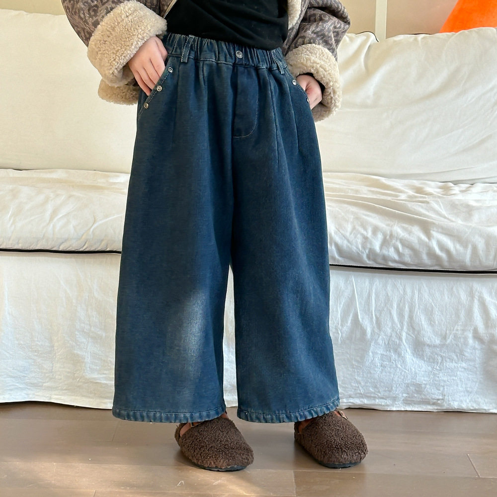 童裤2025冬款女童韩版纯色设计感牛仔裤儿童加绒休闲宽松直筒长裤