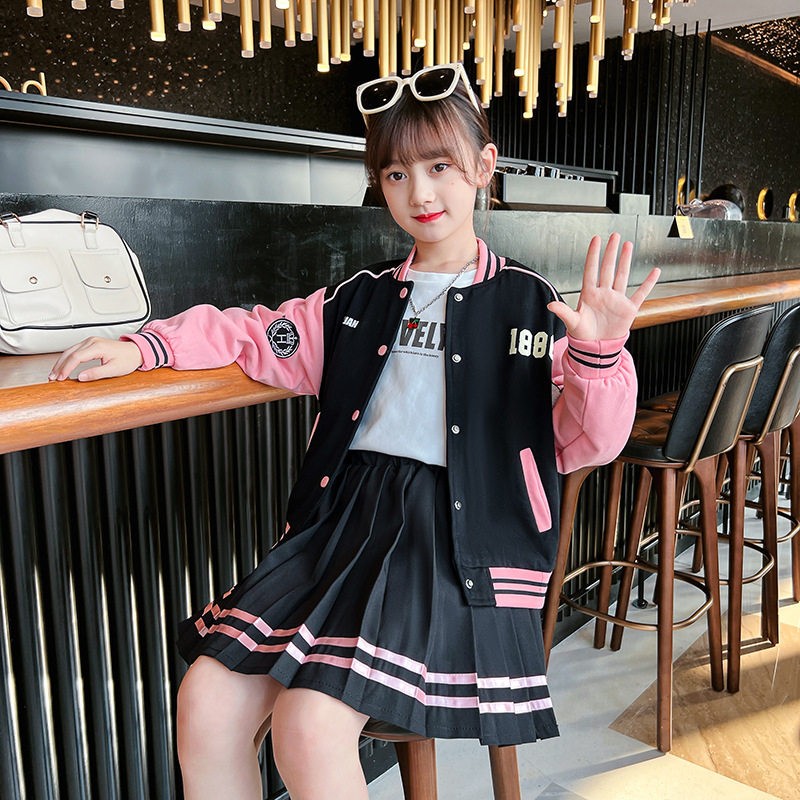 女童棒球服套装春装外套2023儿童装韩版春秋百褶裙两件套潮潮范