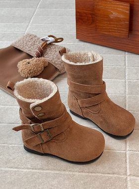 女童高帮加绒保暖大棉靴2025冬季新款软底美拉德绒面中筒靴马丁靴