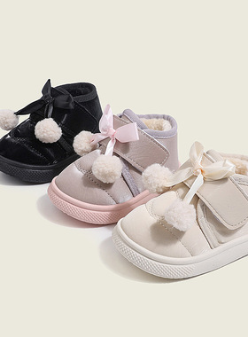 冬季儿童棉鞋加绒加厚保暖鞋毛毛球小皮鞋女小童鞋大棉女童蝴蝶结