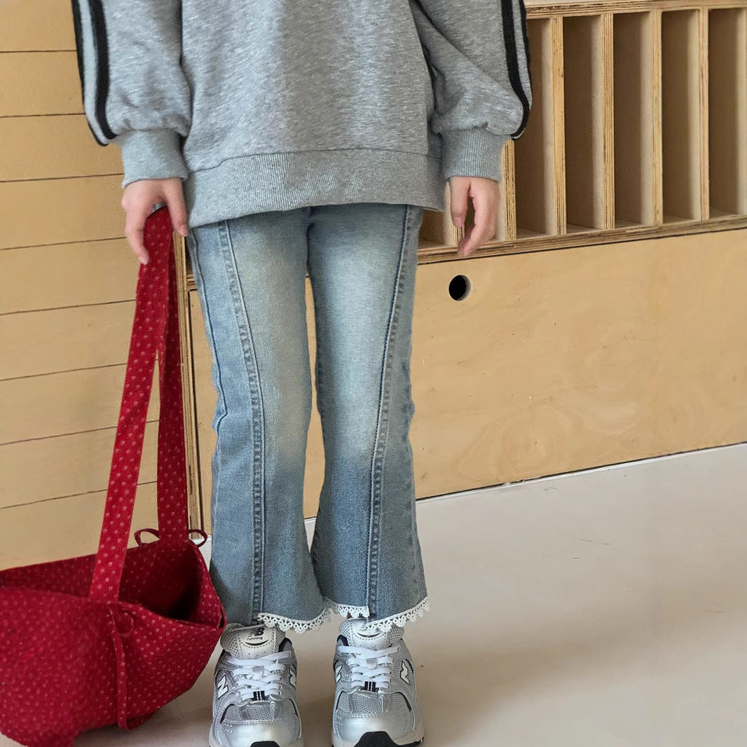瑜瑜公主 女童春季韩版花边开叉牛仔裤喇叭裤女宝宝蕾丝边微喇裤