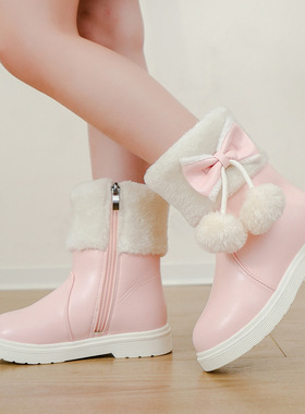 儿童雪地靴女童皮短靴冬季2025新款加绒保暖公主靴中大童女孩棉靴