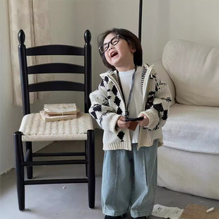 童毛衣2024秋款男女童韩版拉链百搭带帽上衣儿童洋气针织开衫外套