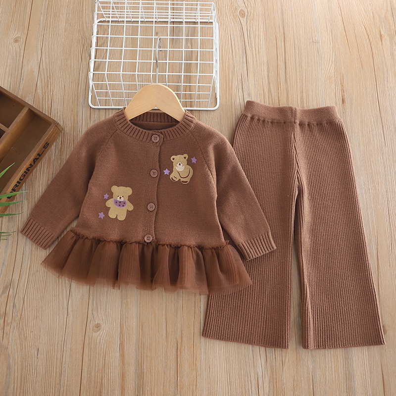 2025秋冬新款针织衫套装童装外套直筒裤女童毛衣韩版衣服小熊蕾丝