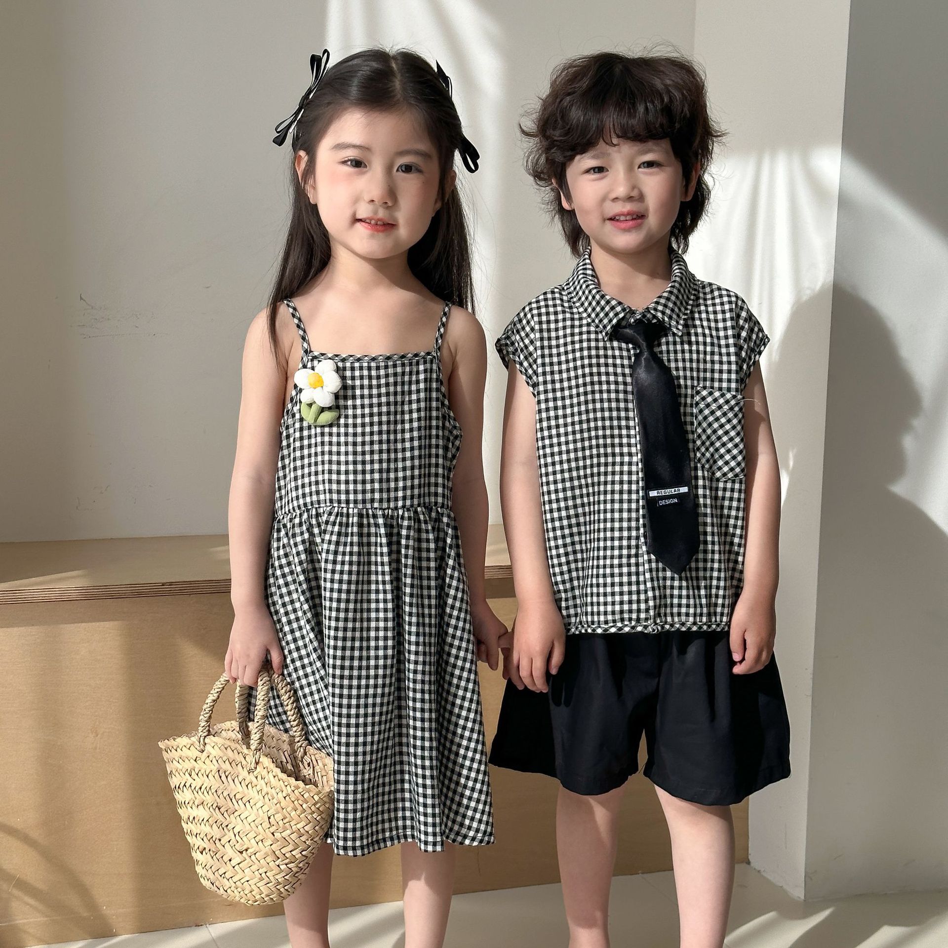 儿童兄妹装夏季格子衬衫套装男童2025新款宝宝洋气女童吊带连衣裙