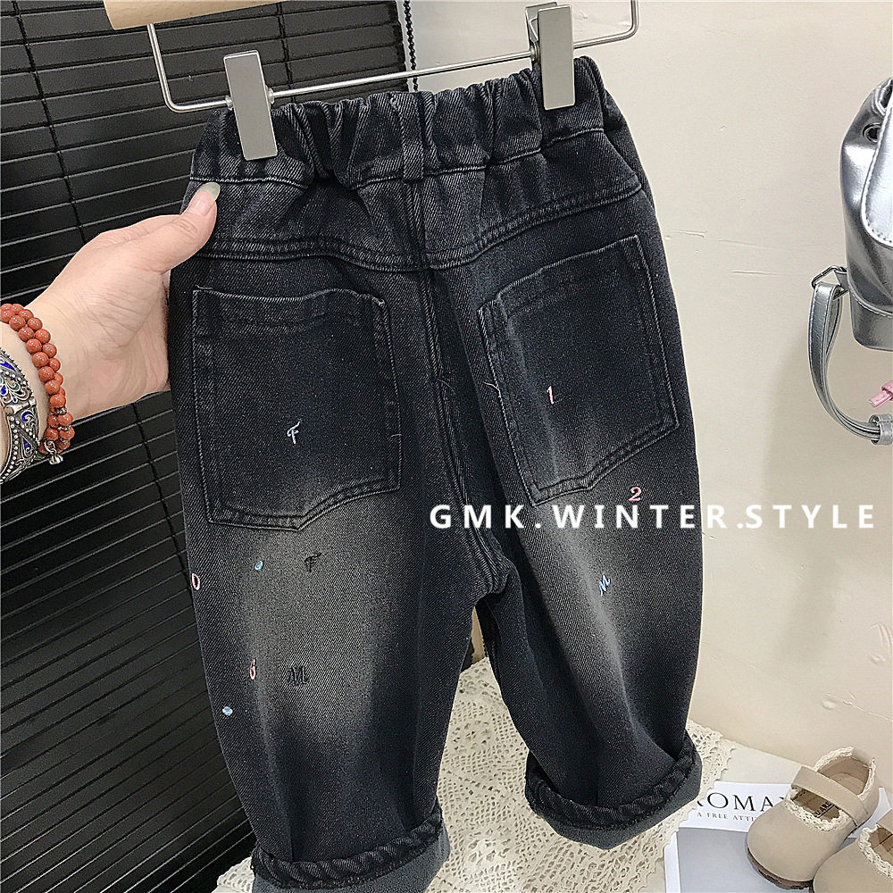 女童加绒裤子秋冬款新款儿童加厚牛仔裤女宝宝冬季休闲老爹裤外贸