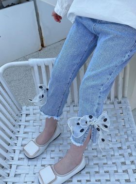 女童裤子秋款喇叭裤外穿2024新款春季花朵长裤时髦女孩洋气牛仔裤