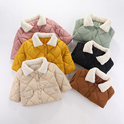 中小童韩版棉服儿童菱形格短款棉衣男女宝宝加厚毛领羽绒棉服外套