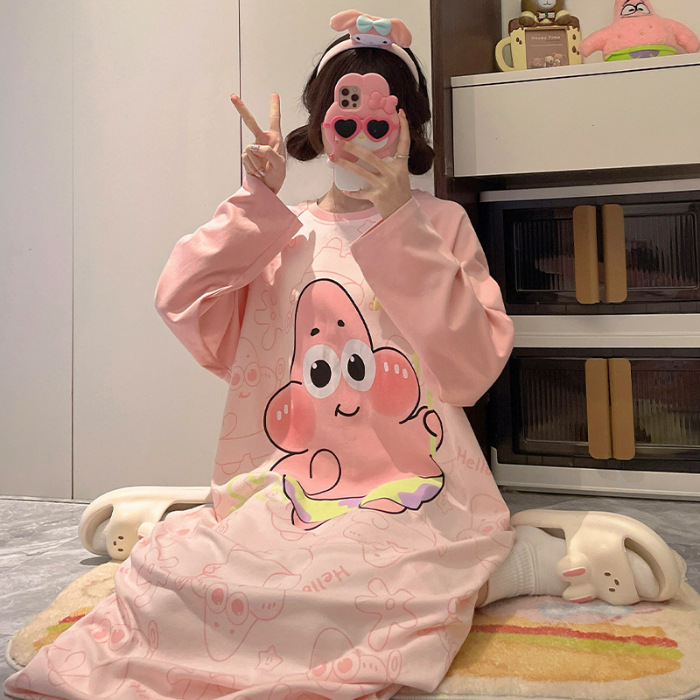 2025年新款睡裙少女纯棉女春秋季家居服时尚条纹可外穿睡衣女士1