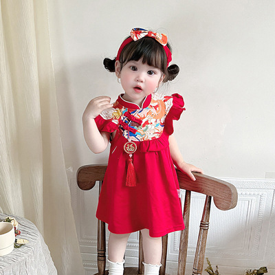 2025夏季新款女宝宝周岁宴礼服女童唐装连衣裙5265中国风套装婴儿